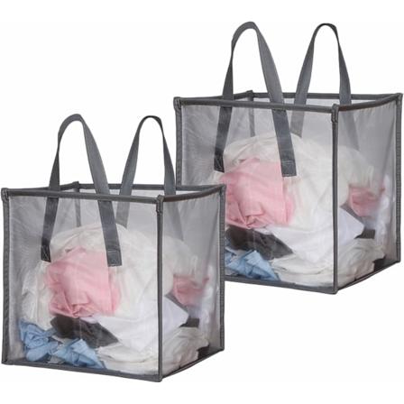 Verkkokori Pop Up Pyykkiastia Kahvoilla Kannettava ja Taittuva Pyykkiastia Taittuva S ilytyskori Pyykkitupaan Vaatteille Leikkikaluille 2 Pack Grey-