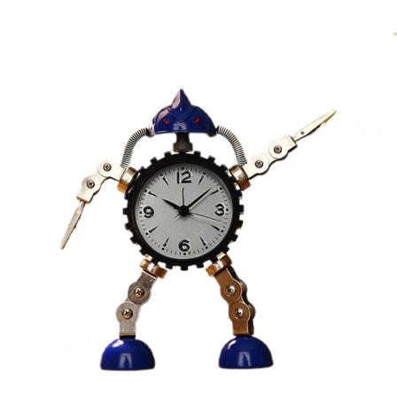 Gear Robot -herätyskello ruostumatonta terästä, herätyskello, vilkkuva silmävalo ja käsipidike (sininen)