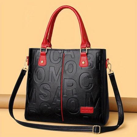 Bokstavspräglad handväska, trendig Colorblock Crossbody-väska, damväskor med topphandtag Black&Red
