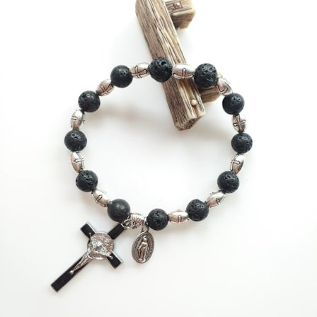 Silver St Benedict Medal Hematit Pärlor Rosenkrans Armband, zink