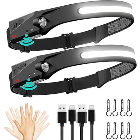 Uppladdningsbar LED-pannlampa 2-pack, 230 bred strålkastare med rörelsesensor, vattentät lätt pannlampa ficklampa för camping, vandring, löpning,