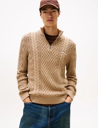 Tommy Jeans Tjm Slim Badge Cable Qrtr Zip - Beige - S