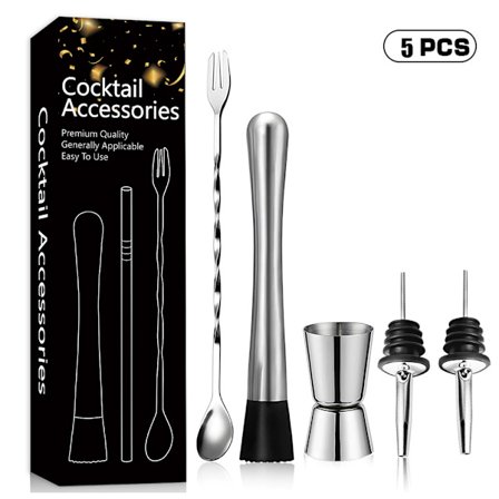 5-delt Cocktail Muddler Sæt - 304 Rustfrit Stål Cocktail Muddler Multifunktionel Cocktail Ske, 2-delt Hælder
