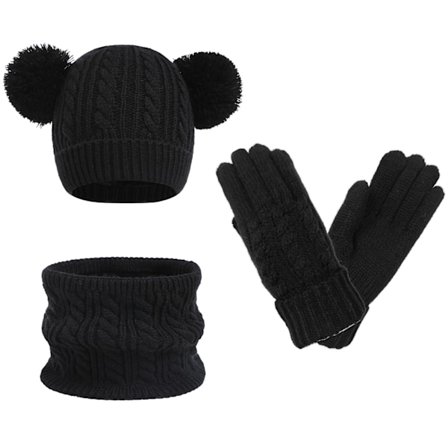 Sort vinterbeskyttelsessæt til unge, hue, halstørklæde, handsker og ørevarmer til børn, tilbehør til koldt vejr, tilbehør til drenge og piger.