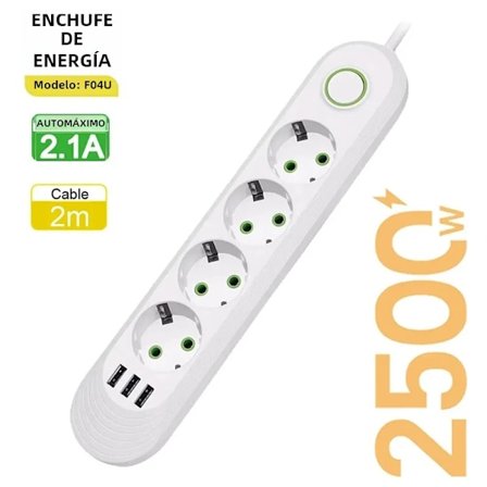 Grenuttag med USB och Nätfilter, 2500W, 2M Förlängningskabel, EU-kontakt, Överbelastningsskydd, Standardkontakt för Hem och Allmänt Bruk