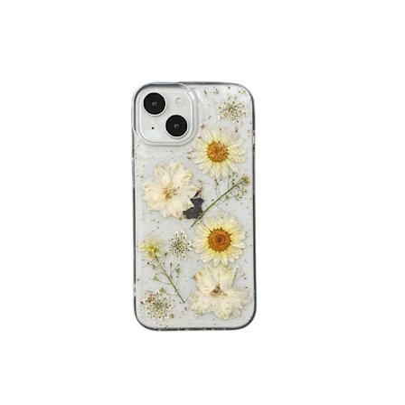 Klar mobildeksel for iPhone 16 Pro med trykte ekte blomsterdesign, glitrende søt hvit blomstermønster, tynn myk TPU beskyttende