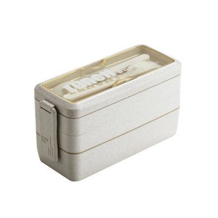 3-lags madkasse, 4 i 1 bento box med gaffel og ske, madopbevaringsboks til mænd, kvinder, studerende, tåler mikroovn og opvaskemaskine (Beige)