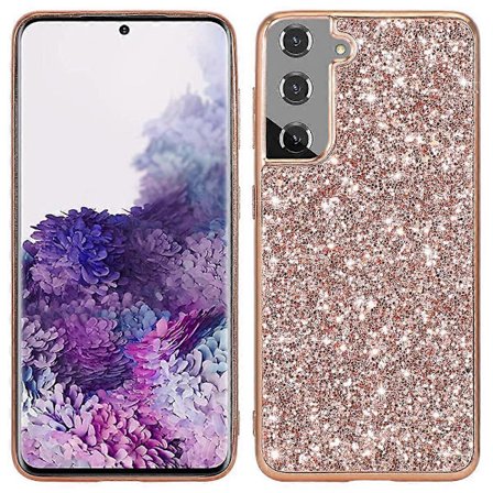 Kjøp Glitterdeksel til Samsung Galaxy S22 5G, Hard PC Bakside Elektroplettert TPU Støtfanger Anti-ripe Beskyttelsesdeksel Rose Gull