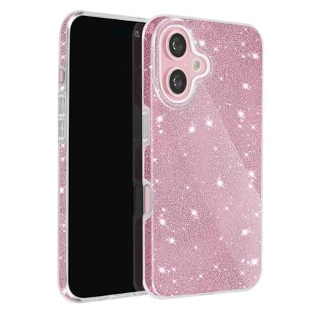 Glitterfodral till iPhone 16 i pulverrosa silikon och polykarbonat Rosa