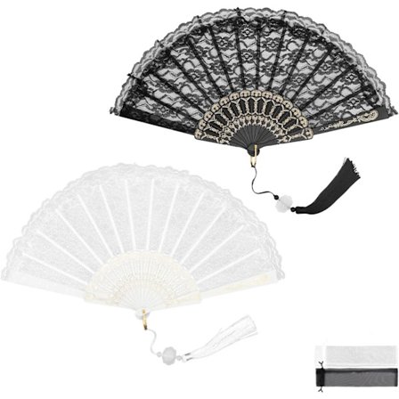 2 stk. folde vifte, folie stemplede vifteben med vedhæng til bal, fest, symposium (sort, hvid)