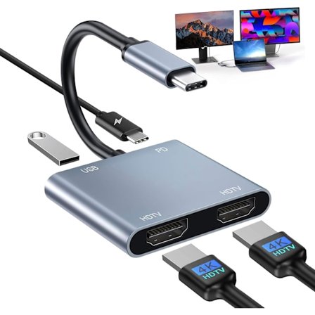USB C til Dual HDMI-adapter, 4 i 1 HDMI-splitter for doble skjermer 4K, USB 2.0, PD 100W, Type C til Dual Monitors Adapter Multiport