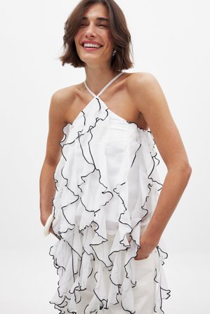 Linn Eklund x NA-KD - Strukturert topp i chiffon med volangdetaljer - Halterneck topper - Hvit - EU 32