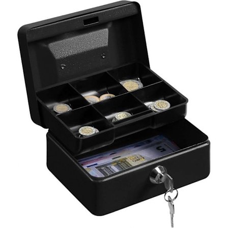 Raha-astia avaimella - Pieni lukittava kassakaappi kolikkolokerolla pienille rahoille ja seteleille - Lukittava metalliraha-astia 2 avaimella - Musta