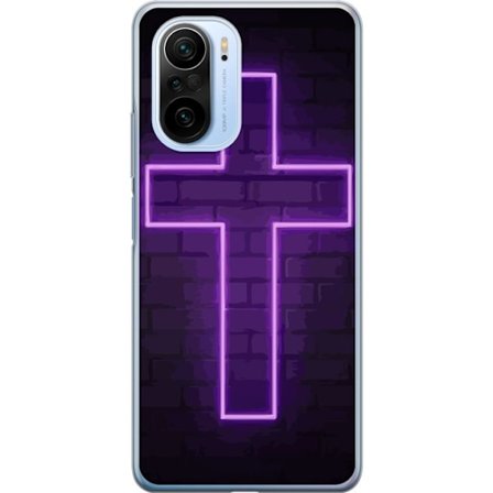 Yhteensopiva Puhelinkuori Xiaomi Xiaomi Mi 11i Neonristi purppuranvalossa tummaa tiiliseinää vasten, symbolinen motiivi vahvalla hohto moderni estee
