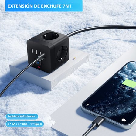 7-i-1 strömskena, överspänningsskydd, 3 EU-uttag, 3 USB-portar, 1 C-typ, 1 strömbrytare, platt kontakt, skrivbordsladdning