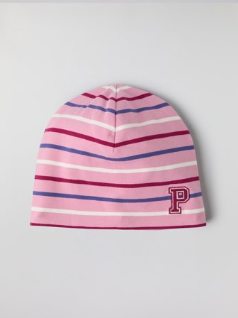 Polarn O. Pyret - Striped jersey beanie with "P" appliqué - 48|50 - Childrenswear - pink