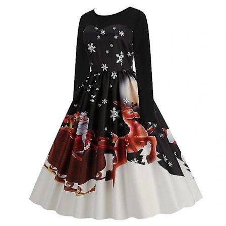 Julklänning för damer, långärmad, vintagemönster, rund hals, A-linje Röd Röd Red L[CO]