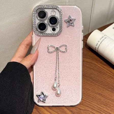 iPhone 16 Pro Skal med Solid Färg Glitter Pulver och Rhinestone Fringed Design