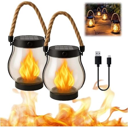 2 stk. solcelledrevet utendørs lykt, vanntett blinkende flammelys, leveres med hampetau, egnet for oppheng i hager, gårdsplasser