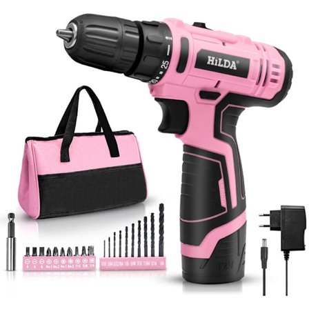 12V batteridrevet drill, batteridrevet skrutrekker, oppbevaringskoffert, 20 Nm, rosa drill for DIY