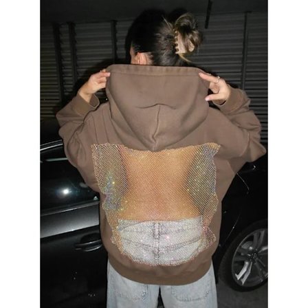 Dame Crystal Mesh Back Hættetrøje Oversized Sweatshirts Casual Langærmet Pullover Sweater Vinter Efterårsoutfits Gave Hvid XXL