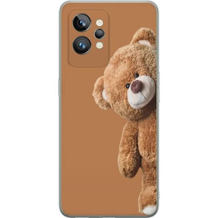 Kompatibelt Mobilskal till Realme Realme GT2 Pro Nalle tittar fram på brun bakgrund söt minimalistisk design med värme trygghet och lekfull ton