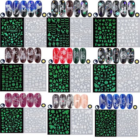 9 ark med neglekunst-klistremerker, snøfnugg og reinsdyr-mønster, gjør-det-selv