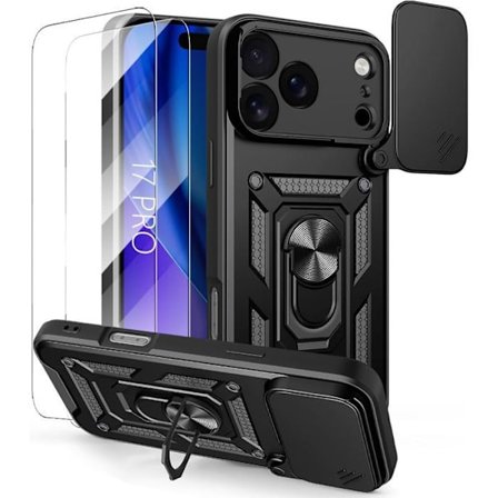 Beskyttelsescover - EF CONNECTION - til iPhone 17 Pro - Sort - Stødabsorberende - Kradsikker - Ring-holder