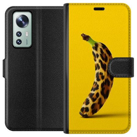 Yhteensopiva Lompakkokotelo Xiaomi Xiaomi 12 Banaani leopardikuvioilla keltaista taustaa vastaan luovassa ja leikkisässä suunnittelussa