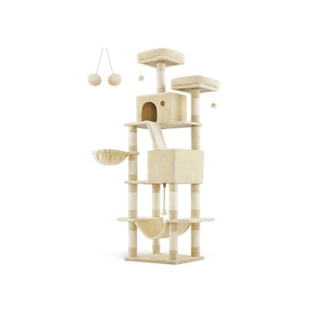 Rootz Large Beige Cat Tree - Kissan asunto - Monitasoinen Cat Tower - Lastulevy, Pehmo, Sisal - 60cm x 50cm x 206cm - 23,5kg - 75 kg Kapasiteetti