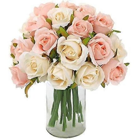 24 Hoveder Kunstige Rose Blomster Buket Silkeblomster Rose til Hjem Bryllup (2 Pakker Champagne og Pink)