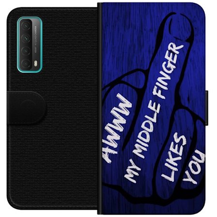 Kompatibelt Lommeboketui til Huawei P smart 2021 Mørk typografisk illustrasjon med hjerteform og budskap om vennskap mot dyp blå tretekstur