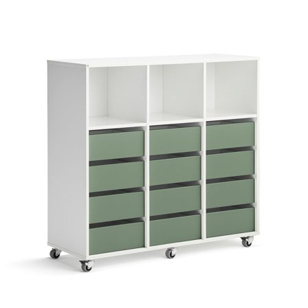 Student storage CASPER, 12 drawers, 3 upper compartments, white, dark green