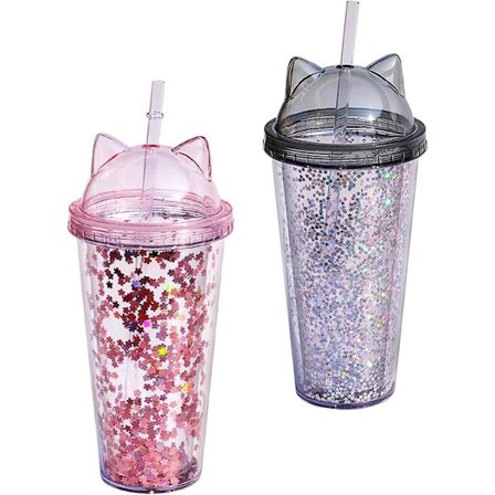 Vannflaske med sugerør Glitter Vannkopp Dobbeltlags Vannkopp Drikkekopp med Katteøre for Jentegave 2 Stykker 420ml Grå, Glitter Vannflaske
