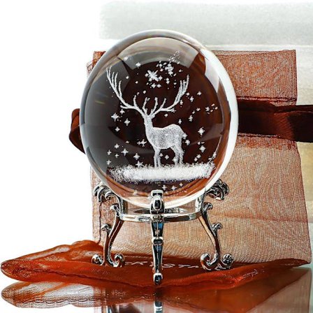 60mm 3D Innvendig Utskjæring Krystallkule Papirvekt Glasskule Lasergravert Kule med Sølvbelagt Blomstrende Stativ Hjemmekunst Dekor (Julerein)