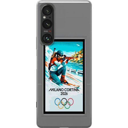 Kompatibelt Mobildeksel til Sony Xperia 1 VI Retroplakat Cortina Milano 2026 med fjell, vintersportsutøvere, italienske trikolor, Milano-katedralen og