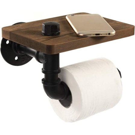 Industriell toalettpapirholder med rustikk trehylle og støpejernsrørbeslag, rørtoalettpapirholder for bad, toalettrom
