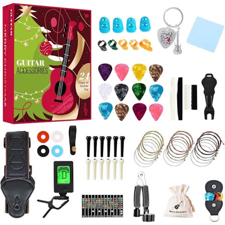 2025 Julekalender Gitarplektersett, en 24-dagers musikalsk nedtellingskalender, inkluderer 12 gitarplekter, en capo, en tuner og annet tilbehør