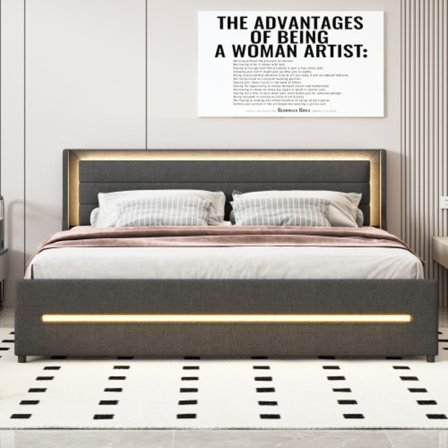 Säng 180x200 cm grå med LED-belysning (ändringsbar färg) | 4 lådor | linne | Dubbel platt säng inkl. sänggavel