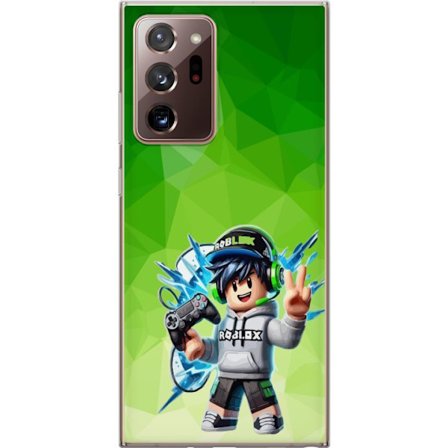 Kompatibelt Mobildeksel til Samsung Galaxy Note20 Ultra Roblox-inspirert gamerfigur med headset, håndkontroll og energiske effekter mot grønn bakgru