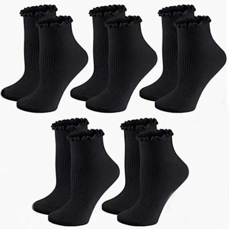 Sort - 5 par; Størrelse: One Size - 5 par bomuldsstrømper med flæser og pynt til kvinder i sort og hvid, sjove og moderne ankelstrømper til 