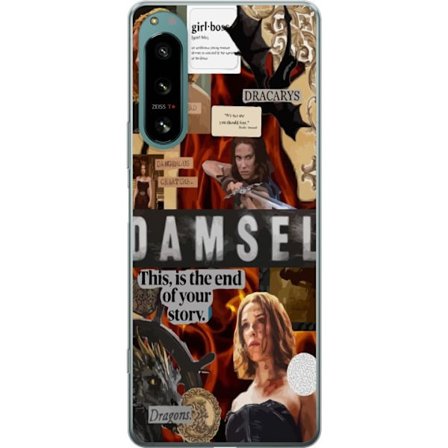 Kompatibelt Mobilskal till Sony Sony Xperia 5 IV Damsel-inspirerat collage med stark kvinnlig krigare, drakar, eld, svärd och citat, mörk fantasyest