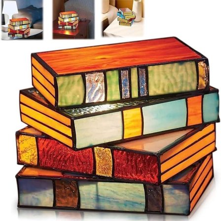 Stained Glass Staplade Böcker Lampa, Stained Glass Bordslampa