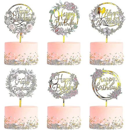 6 stycken Grattis på födelsedagen Tårta Dekorera Guld Blomma Akryl Tårta Dekorera Akryl Cupcake Dekorera Olika Födelsedagsfest Jubileumstårta 