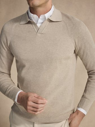 John Henric Men's Beige Cotton Rib Knitted Open Collar Polo Jumper Size XXL