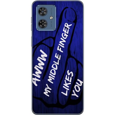 Kompatibelt Mobildeksel til Motorola Moto G54 Mørk typografisk illustrasjon med hjerteform og budskap om vennskap mot dyp blå tretekstur