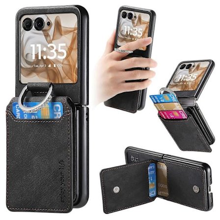 Motorola Razr 60 50 5G -kotelo korttipidikkeellä, jalustalla, retrokuvioitu nahkainen takakansi