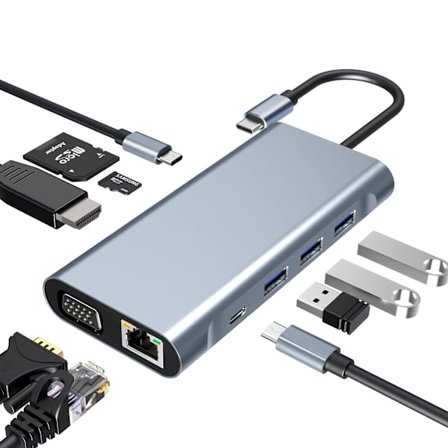 USB C HUB, USB C-adapter 10-i-1, Dockingstation med 4K-HDMI, USB 3.0, SD/TF-kortlæser, Kompatibel med MacBook Pro/Air og andre Type C-enheder