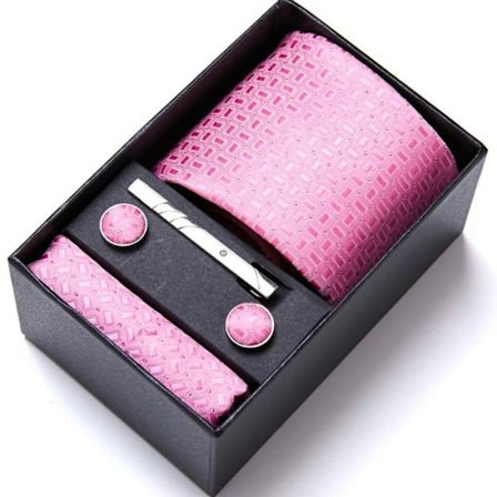 Slipssett for menn, slips i silke og polyester med clip-on mansjettknapper, lommetørkle for forretningsbanketter