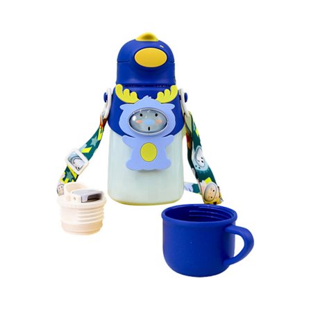 500ML Vakuumkopp Läcksäker Avtagbar Halmlås Design Tecknad dubbellager Crossbody isolerad flaska för Skol-Mörkblå 500ML